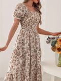 Elegant Women's Floral Print Dress - Square Neckline, Short Sleeve, A-Line Silhouette, Polyester, Machine Washable, Perfect for All Seasons