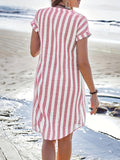 [Elegant | Striped] Elegant Striped V-Neck Midi Dress | Asymmetrical Hemline, Casual Short Sleeve, Button Front, Lightweight Polyester | Perfect for Summer Beach Outings, Beach Dress
