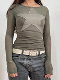 Women's Star Patch Tops Slim Round Neck Long Sleeve T-Shirt Casual Streetwear for Fall