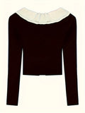 Women's 2024 New French Chic Ruffle Collar Knit Sweater, Slim Fit, Viscose Blend, Spring/Autumn, Contrast Color, Open Front Cardigan