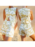 Womens Button Down Vest Solid Boat Neck Sleeveless Tie-Up Back Crop Tank Tops Summer Streetwear
