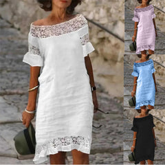 New Casual Lace Patchwork One Line Collar Cotton Linen Solid Short Sleeved Dress