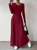 Elegant Solid Color V-Neck Knit Long Sleeve A-Line Dress - Ribbed Texture, Machine Washable, Polyester - Chic Middle Eastern Style for Fall, Elegant Long Sleeve Knit Dress