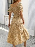 Elegant For Spring & Summer Midi Dress, Floral Print Shirred Bust Square Neck A-line Dress With Puff Sleeve, Women's Clothing