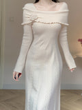 Long Sleeve 3D Floral Off-Shoulder Knit Dress - Solid Color, Regular Fit, A-Line, Winter Fashion, Sweater Knit Fabric