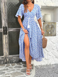 [Elegantly Printed Tasseled V-neckline Dress] Women's V-neckline Is Elegantly Printed, And The Atmosphere Is Tasseled Dress