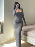Elegant Long Sleeve Slim Square Neck Maxi Dress - Women's Clothing For Spring & Fall