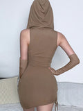 Khaki Drawstring Skinny Hooded Mini Dress
