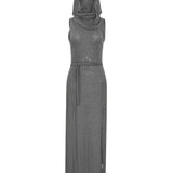 Split Hem Tie Waist Dress, Y2K Back Cut Out Sleeveless Ruched Hooded Dress For Spring & Summer, Women's Clothing For Party Dressing