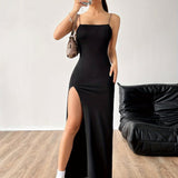 Stylish Split Thigh Spaghetti Strap Cami Dress - Women's Summer Dresses with Backless Design, Solid Color, Slim Fit, and Comfortable Wear - Perfect for Spring and Summer Season