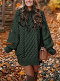Women's Long Sleeve Cable Knit Dress, Casual Solid Color Crew Neck Loose Fit Knitted Dress for Everyday Wear