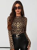 Elegant Leopard Print Mock Neck T-Shirt for Women - Slim Fit, Stretchy Polyester Blend, Machine Washable