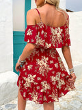 Summer Women's Elegant Off-Shoulder V-Neck Ruffle Hem Floral Print Mini Dress - Lightweight Machine-Washable Sleeveless Party Dress for Festivals, Beach & Casual Outings