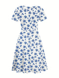 [Tropical Leaf Print V-Neck Dress] Navy Blue Tropical Leaf Print V-Neck Short Sleeve Midi Dress - Fitted Bodice, Flared Skirt, Polyester Blend, with Belt and Pockets, Perfect for Spring/Summer Casual or Tea Church Outfits