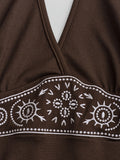 Elegant Brown Halter Neck Dress for Women - Polyester, Machine Washable, Deep V-Neck, Floral Detail, Double-Layer Ruffled Skirt | Perfect for Summer