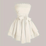 Elegant Strapless Backless A-line Dress - Solid Color Lace Up Tube Dress - Layered Hem Ruffle Trim Women's Clothing