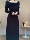 Long Sleeve 3D Floral Off-Shoulder Knit Dress - Solid Color, Regular Fit, A-Line, Winter Fashion, Sweater Knit Fabric
