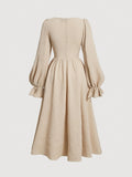 Polyester Blend Long Sleeve Dress - Casual, Loose Fit, Solid Color, Flared Hem, Ruffle Detail, Square Neckline for Spring/Summer