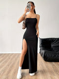 Stylish Split Thigh Spaghetti Strap Cami Dress - Women's Summer Dresses with Backless Design, Solid Color, Slim Fit, and Comfortable Wear - Perfect for Spring and Summer Season