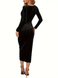 Elegant Black Velvet Midi Dress for Women - Vintage-Inspired V-Neck with Ruched Detail, Long Sleeves, and Asymmetrical Hem - Machine Washable, Polyester & Elastane Blend