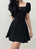 Black Puff Sleeve A-Line Pleated Dress