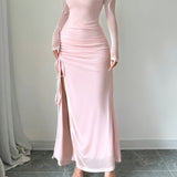 Elegant Asymmetrical Neck 1pc Long Sleeve Dress - Fitted Polyester Knit Fabric, Side Slit, All Seasons for Adults