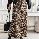 Elegant Leopard Print Midi Skirt for Women - High Waist, Non-Stretch Polyester Blend, Machine Washable, 99091922