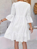 Casual Polyester V-Neck Dress - Elegant Women's Solid Color with Embroidered Lantern Sleeves, Non-Stretch, Machine Washable, Perfect for All Seasons