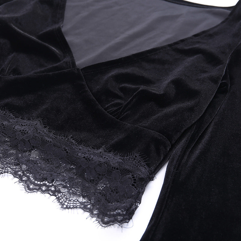 Black Vintage Aesthetic Gothic T-shirt For Women Harajuku Flare Sleeve Fall Halloween Tshirt Cropped Mesh