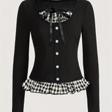 [Slim Contrast Plaid Button T-Shirt] Contrast Plaid Button Slim T-Shirt, Chic Long Sleeve T-Shirt For Spring & Fall, Women's Clothing