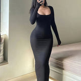Elegant Long Sleeve Slim Square Neck Maxi Dress - Women's Clothing For Spring & Fall