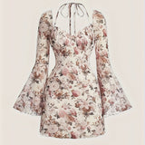 [High Stretch Halter Neck Dress] Elegant Floral Halter Neck Dress with Bell Sleeves - High Stretch, Machine Washable - Perfect for Spring/Summer/Fall, Long Sleeve