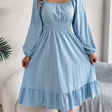 Stunning Ruffle Hem A-Line Dress - Women's Elegant Solid Color Square Neck Backless Shirred Clothing with Lantern Sleeves - Perfect for Formal Occasions and Parties