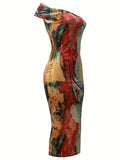 For Spring & Summer, Off-shoulder Straight Neck Abstract Print Sheath Dress, Women's Clothing