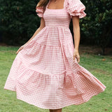 Women's Plaid Pleated Dress, Square Neck Dress, Lantern Sleeve Dress