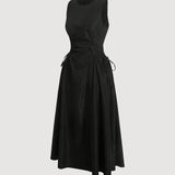 Solid Color Polyester Midi Dress - Elegant Round Neck Cinched Waist for Women - Machine Washable, Long Skirt