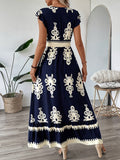 [100% Polyester V-Neck Midi Dress] Spring/Summer Floral Print V-Neck Dress with Flutter Sleeves and Waist Cinch, A-Line Midi, 100% Polyester - Machine Washable, Fly Fly Sleeves, A-Line voguable