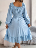 Stunning Ruffle Hem A-Line Dress - Women's Elegant Solid Color Square Neck Backless Shirred Clothing with Lantern Sleeves - Perfect for Formal Occasions and Parties