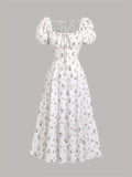 Elegant White Floral Print Midi Dress with Puff Sleeves & Tie-Back Detail - Square Neck, Non-Sheer Polyester for Women - Perfect for Spring, Summer & All Seasons, Formal Wear | Puff Sleeves Dress | Polyester Fabric