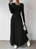 Elegant Solid Color V-Neck Knit Long Sleeve A-Line Dress - Ribbed Texture, Machine Washable, Polyester - Chic Middle Eastern Style for Fall, Elegant Long Sleeve Knit Dress