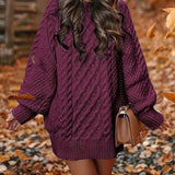 Women's Long Sleeve Cable Knit Dress, Casual Solid Color Crew Neck Loose Fit Knitted Dress for Everyday Wear