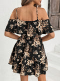 Summer Women's Elegant Off-Shoulder V-Neck Ruffle Hem Floral Print Mini Dress - Lightweight Machine-Washable Sleeveless Party Dress for Festivals, Beach & Casual Outings