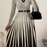 1pc Women'S Elegant Striped Collar Long Sleeve Midi Dress, Polyester Knit Fabric, Regular Fit, Autumn Season, Casual Chic for Daily Wear