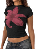 Women Y2k Floral Crop Tee Vintage Aesthetic Graphic Short Sleeve Round Neck Tight Tshirt Stretchy Baby Tee for Teen Girl Summer Fairycore Preppy Flower Pattern T-shirt Streetwear