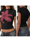 Women Y2k Floral Crop Tee Vintage Aesthetic Graphic Short Sleeve Round Neck Tight Tshirt Stretchy Baby Tee for Teen Girl Summer Fairycore Preppy Flower Pattern T-shirt Streetwear