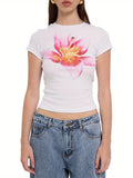 Women Y2k Floral Crop Tee Vintage Aesthetic Graphic Short Sleeve Round Neck Tight Tshirt Stretchy Baby Tee for Teen Girl Summer Fairycore Preppy Flower Pattern T-shirt Streetwear