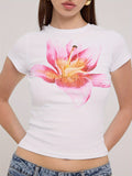 Women Y2k Floral Crop Tee Vintage Aesthetic Graphic Short Sleeve Round Neck Tight Tshirt Stretchy Baby Tee for Teen Girl Summer Fairycore Preppy Flower Pattern T-shirt Streetwear