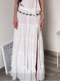 Women'S Tiered Long Skirt, Featuring a Drawstring Elastic Waist Design And Elegant Solid-Color Ruching Throughout The Skirt, Forms a Unique Midi-Length Style. The Flowing Side Slit And A-Line Cut Showcase The Femininity And C