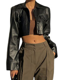 Chic Women's Faux Leather Jacket - Solid Color, Button-Up, Long Sleeve, Casual Style with Flap Pockets | Non-Sheer, Spring/Fall Fashion Outerwear