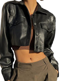 Chic Women's Faux Leather Jacket - Solid Color, Button-Up, Long Sleeve, Casual Style with Flap Pockets | Non-Sheer, Spring/Fall Fashion Outerwear